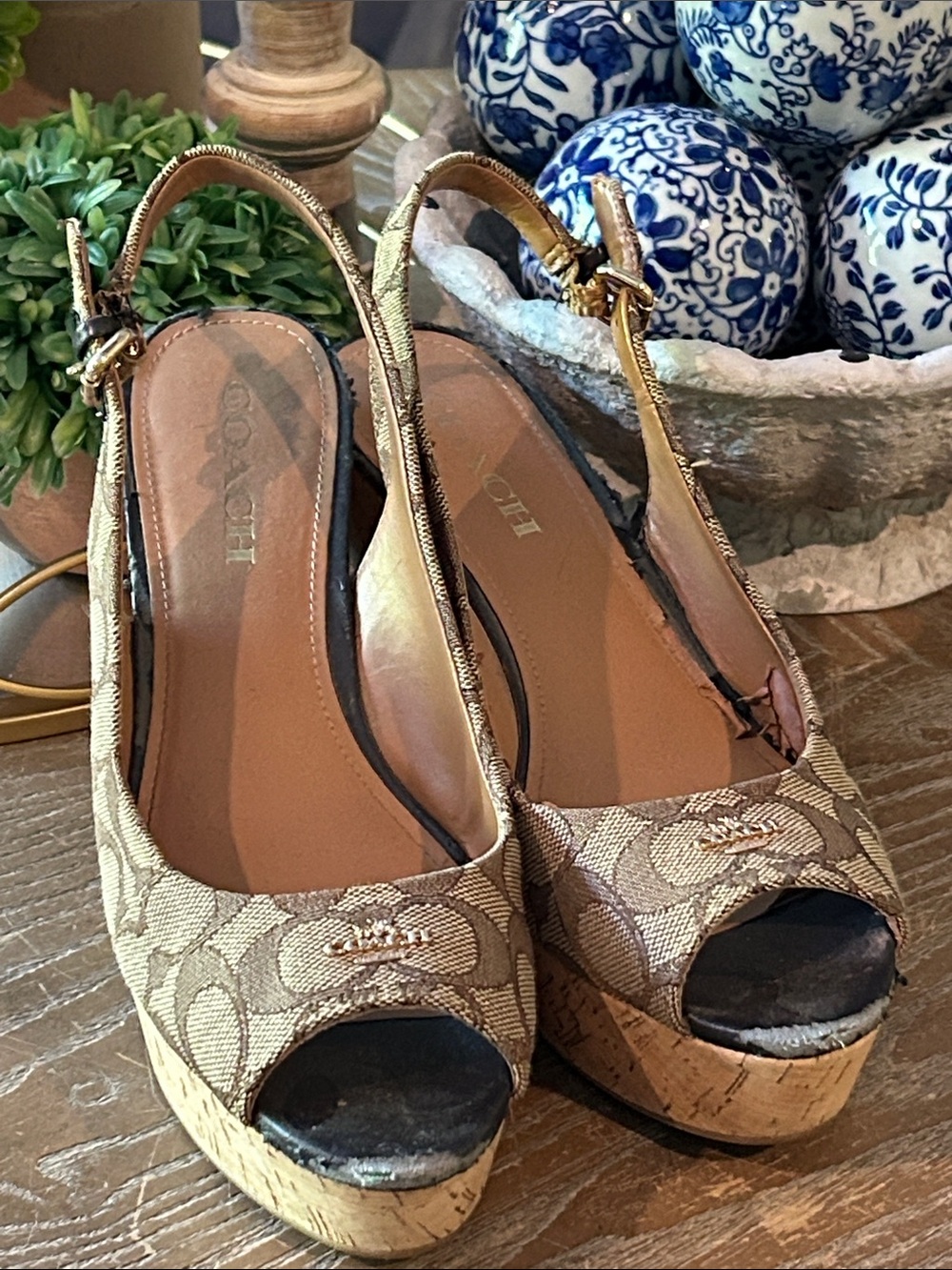 Coach Tan Signature Canvas Peep-Toe Slingback Wedge Espadrille Sandals 8